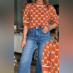 Orange White Patterned Sweater Toile Shirt Sleeve Small